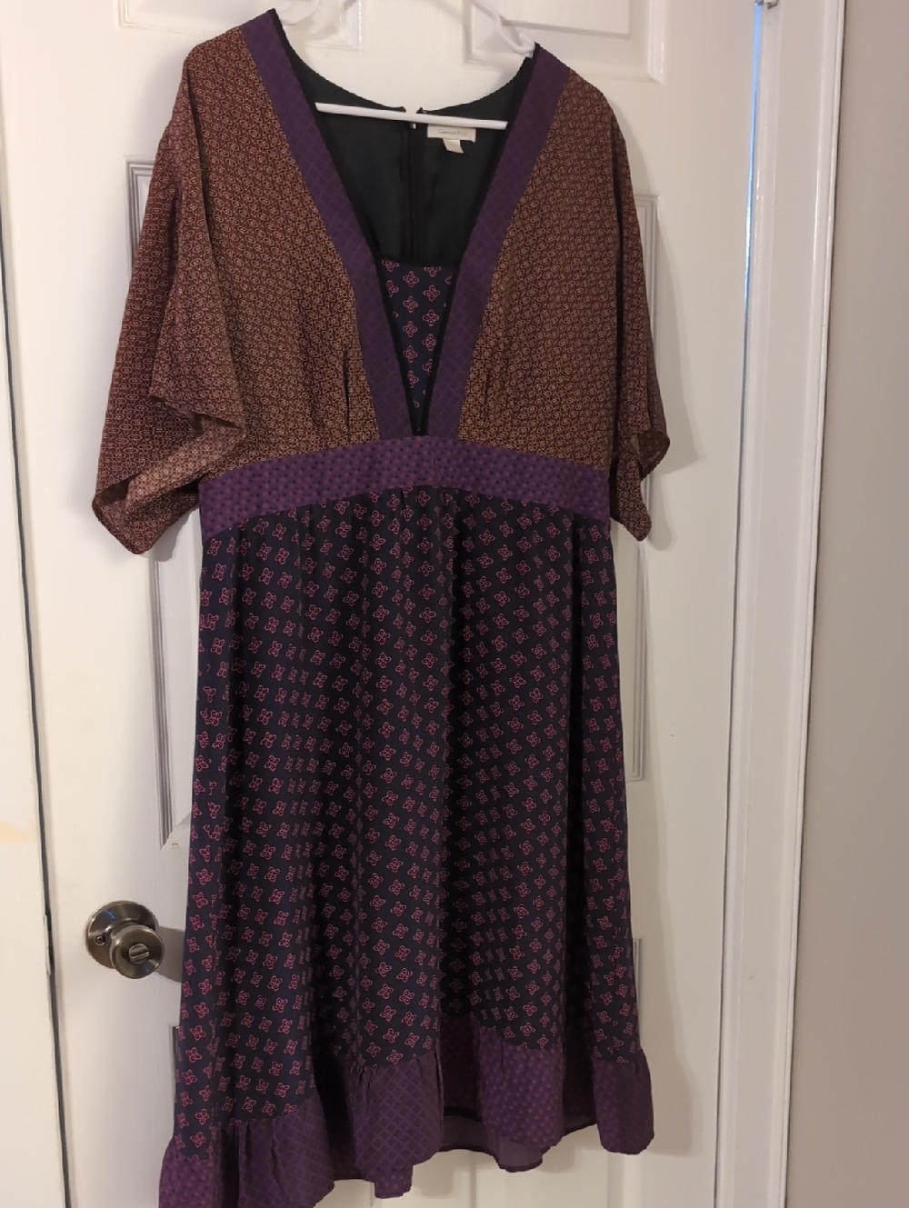Garnet Hill Purple and Brown Printed V-Neck Midi Dress
